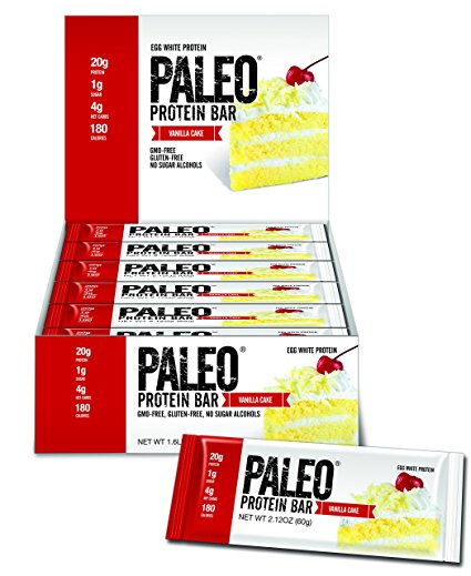 Paleo Protein Bar® (Vanilla Cake) 12 Bars (180 Cal 20g Egg White Protein 4 Net Carbs w/Probiotics)