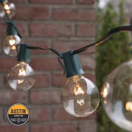25 Foot G40 Globe String Lights With Bulbs - Green Wire - By Austin Light Co. - UL Listed. Indoor and Outdoor. Commercial Grade. Great for patios, cafés, parties, homes, bistros, weddings, backyards