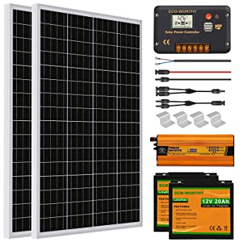 ECO-WORTHY 240W 12V Solar Panel System 1kWh/Day Off Grid Kit for Home RV Motorhome Shed Emergency Power Supply: 2pcs 120W Solar Panels 2pcs 20Ah Lithium Batteries 30A Charge Controller 600W Inverter