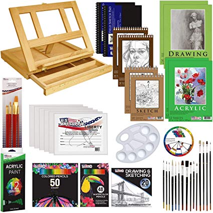 US Art Supply 171-Piece Acrylic Painting & Sketch Drawing Set with Wood Easel, Acrylic Paint, 4 Paper Pads, Canvas Panels, Brushes, Color Pencil Set, Hardbound Sketchbook and Plastic Palette