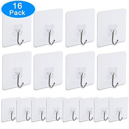 Adhesive Wall Hooks, AUSTOR 16 Pack Nail Free Wall Hooks Heavy Duty Transparent Hooks for Kitchen Bathroom Door Ceiling Hanger 22 Pound/10 KG, 7.2cm x 7.2cm