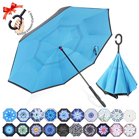 ZOMAKE Double Layer Inverted Umbrella Cars Reverse Umbrella, UV Protection Windproof Large Straight Umbrella for Car Rain Outdoor With C-Shaped Handle