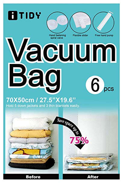 iTIDY Vacuum Bag-Compression Seal Bag Reusable,Plastic Space Saver Storage Seal Bags for Clothes,Comforters,Curtains, Blankets,Free Hand Pump for Travel,Medium, Pack of 6