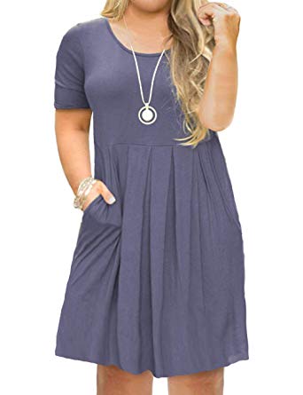 FOLUNSI Women's Plus Size Casual Short Sleeve/Long Sleeve Pleated T Shirt Dress with Pockets