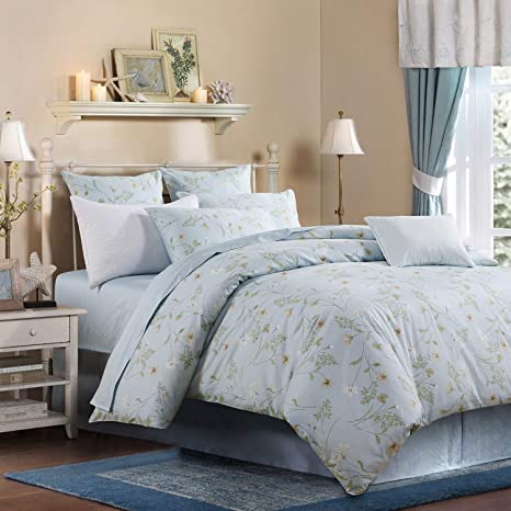 Softta Vintage King Size Bedding Set 3Pcs Duvet Cover Set Hibiscus Shabby Flower Green Leaves Reversible Girls 100% Egyptian Cotton Bedding Collection Green White Mickey Blue