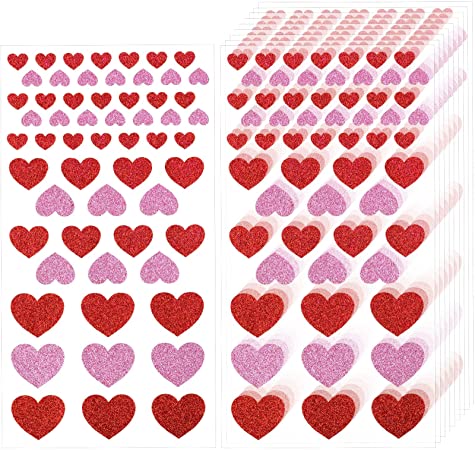 580 Pieces/ 10 Sheets Valentine's Day Glitter Heart Stickers Red and Pink Heart Metallic Stickers Love Shaped Stickers Sheets for Valentine's Day Cards Invitations Crafts Decoration