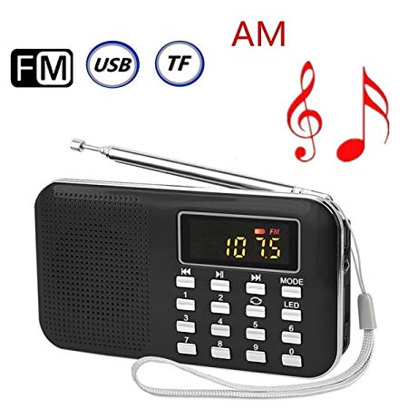 Aoonar Portable Digital AM FM Radio Media Speaker MP3 Music Player Support TF Card / USB Disk with LED Screen Display and Emergency Flashlight Function (Black)