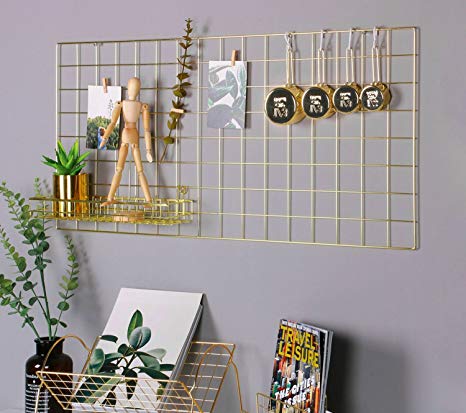 Simmer Stone Gold Wall Grid Panel for Photo Hanging Display & Wall Decoration Organizer, Multi-Functional Wall Storage Display Grid, 10 Clips & 4 Nails Offered, Set of 1, Size 17.7"x37.4"