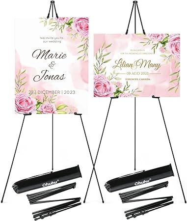 2 Pack 63 inch Ohuhu Easel Stand for Wedding Signs, Instant Floor Poster Stand, Lightweight Foldable and Portable Easel with Tripod Base, Artist Easel For Displaying, Painting, Black