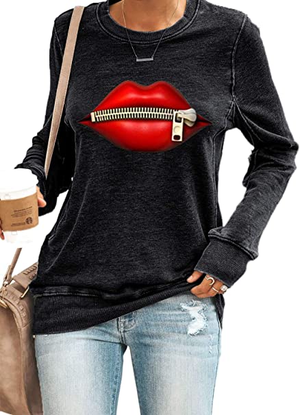 FARYSAYS Women's Casual Lip Printed Long Sleeve Sweatshirt Round Neck Loose Pullover Tops Shirts