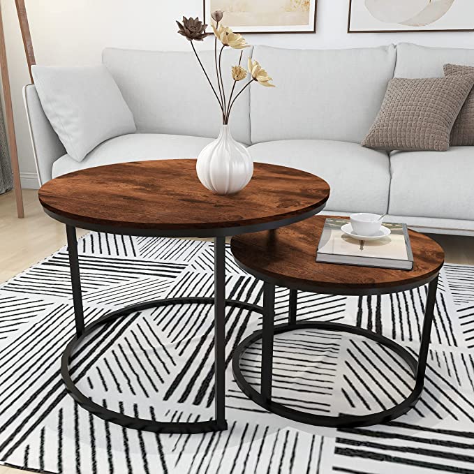 Round Nesting Coffee Table Modern Nesting Side Set of 2 End Table for Living Room Balcony Garden, etc,Round Wooden Accent Coffee Table with Solid Powder-Coated Metal Frame, Rustic Brown/Black