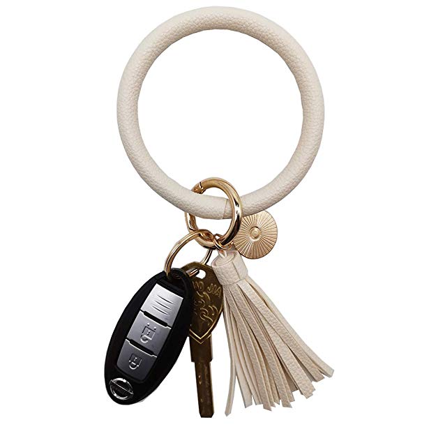 Tovly Wristlet Round Key Ring Chain Leather/Silicone Oversized Bracelet Bangle Keychain Holder Tassel for Women Girl