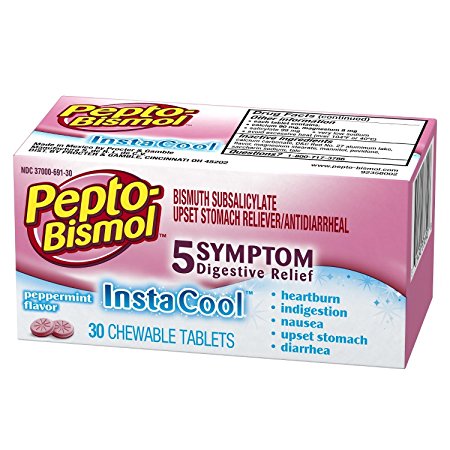Pepto Bismol InstaCool 5 Symptom Digestive Relief Medicine, Upset Stomach and Diarrhea Relief, Peppermint Flavor, 30 Chewable Tablets