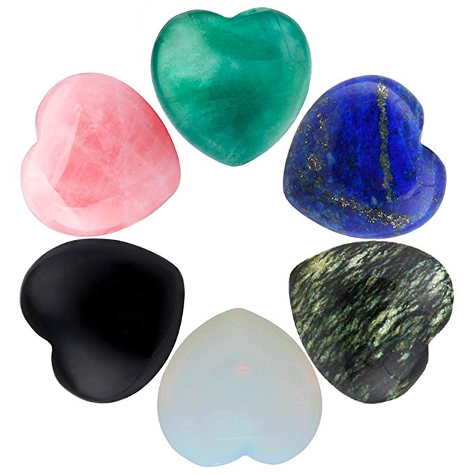 SUNYIK Assorted Stones Carved Puff Heart Pocket Stone,Healing Palm Crystal Pack of 6(0.8")