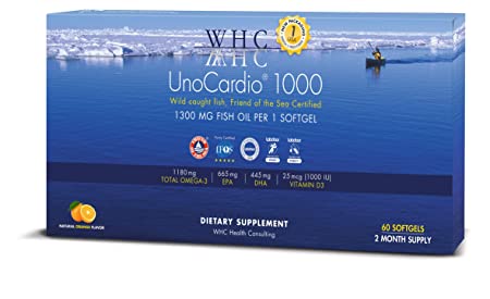 WHC - UnoCardio 1000 (60 Softgels) - 1280 mg of pure Triglyceride fish oil with high concentration omega-3 (1185 mg), 652 mg EPA and 440 mg DHA and 25 mcg (1000 IU) vitamin D3 per softgel
