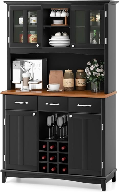 COSTWAY Kitchen Hutch Storage Cabinet, Freestanding Pantry Buffet Sideboard, Modern Buffet Cupboard w/Wine Rack, Adjustable Shelves, Tempered Glass Cabinets, Drawers, Microwave Stand (Black)