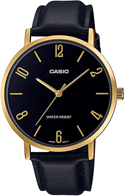 Casio MTP-VT01GL-1B2 Men's Minimalistic Gold Tone Black Leather Band Black Dial 3-Hand Analog Watch