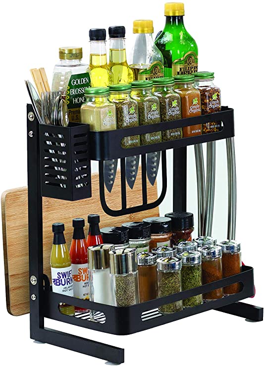 Sorbus 2-Tier Kitchen Spice Rack Utensil Holder, Countertop Freestanding Shelf Organizer for Jars, Bottles, etc, Includes Knife, Cutlery, Chopping Board Storage, plus 3 Hooks, Metal (2-Tier)