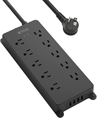 Power Bar Surge Protector with USB, TROND Flat Plug Power Strip with 10 Widely-Spaced Outlets, 4 USB Charging Ports, 4000 Joules Surge Protection, 15A/1875W, 5ft Extension Cord Indoor, Wall Mount for Home, Office, Dorm Room, Desktop Black