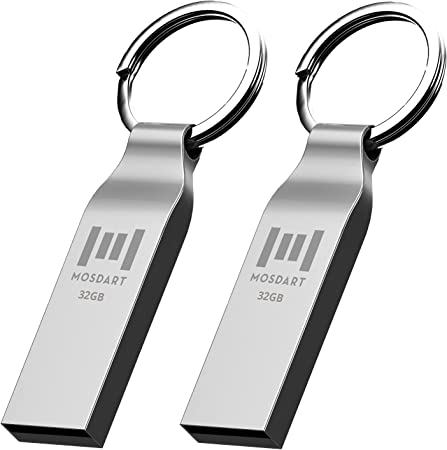 MOSDART 2Pack 32GB USB 2.0 Flash Drive FAT32 Metal Thumb Drive with Keychain 32 GB Waterproof Jump Drive 32G Memory Stick for Storage and Backup, Silver