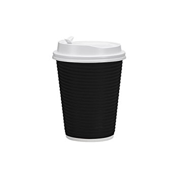 PREMIUM Disposable Hot Paper Cups With Lids, Double Wall & Ripple Insulation For Heat Protection, Black, 30 Count - 12 oz