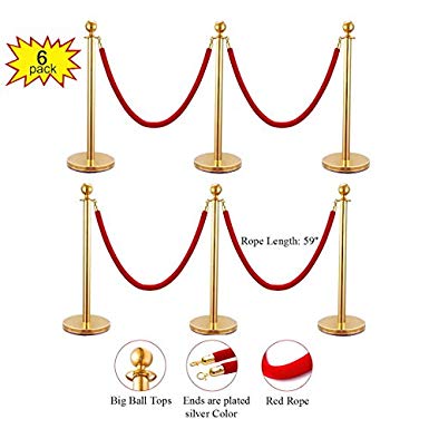 JAXPETY Round Top Polished Brass Stanchion Posts Queue Barrier, Pack of 6 Posts with 4 Red Velvet Ropes,Gold