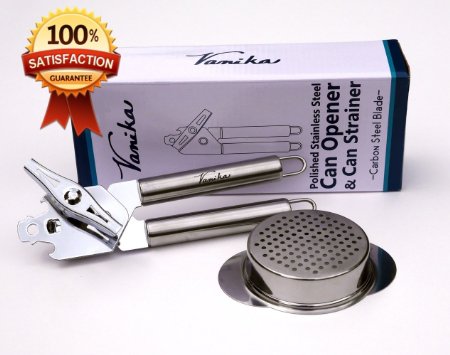 Vanika Stainless Steel Can Opener with Carbon Steel Blade and Can Strainer