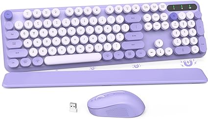 Wireless Keyboard and Mouse Combo, Retro Typewriter Keyboard, Detachable Hard Wrist Rest, Tilt Legs, Floating Round Keycaps, Auto Sleep Mode, Cute 2.4GHz Cordless Set for Mac/Windows/PC/Laptop-Purple