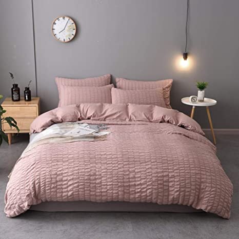 M&Meagle 3 Pieces Pink Duvet Cover Textured Set with Zipper Closure,100% Washed Microfiber Seersucker Fabric,Luxury Hotel Quality Bedding-Queen Size(1 Duvet Cover 2 Pillowcases)