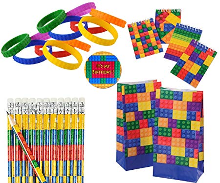 Brick Birthday Party Favors for 12 - Brick Notepads (12), Brick Pencils (12), Brick Wristbands (12), Brick Goody Bag, and Its My Birthday Sticker (Total 49 Pieces)