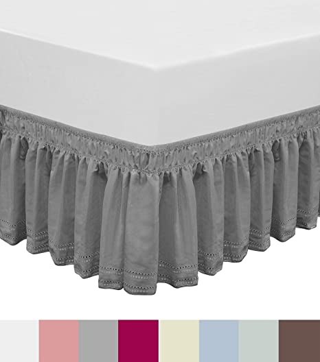 QSY Home Wrap Around Elastic Eyelet Bed Skirts Dust Ruffle Three Fabric Sides Easy On/Easy Off Adjustable Polyester Cotton 14 1/2 Inches Drop(Grey Queen/King)
