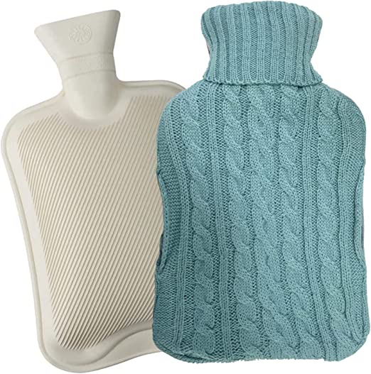 Wärmflasche, 2L Groß Wärmeflasche, Auslaufsicher Naturgummi Wärmflasche mit bezug, Weiche Premium-Strickkapuze Wärmflaschen,Handwärmer für Kinder & Erwachsene,Schmerzlinderung(Blau)