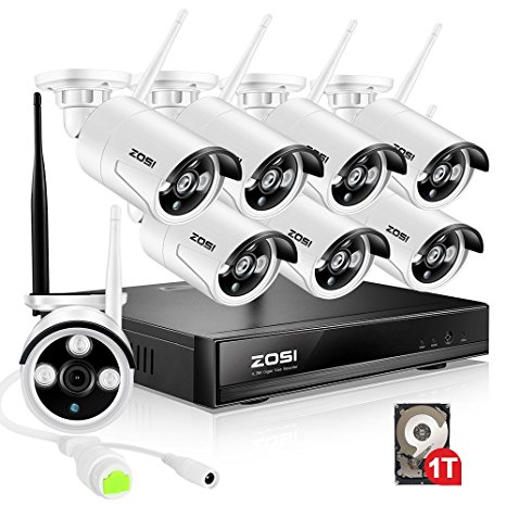 ZOSI 8 Channel Wireless CCTV camera System with 1TB Hard Drive 960P Wireless CCTV Kits 8pcs 1.3MP 960P Wifi Bullet IP Cameras Outdoor Home Security Kit Support Motion Detection Email Alert Remote View on Phone App