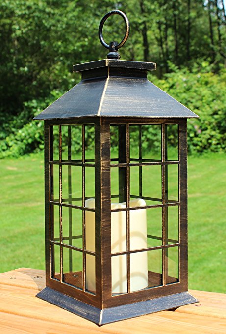 13" Country Style Rustic Lantern with Flickering Flameless LED Candle and 4 Hour Timer