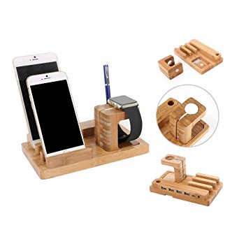 Ofeely Bamboo Wooden 4 in 1 iPhone iPad iPod Apple Watch USB 4 Port Micro HUB Charging Stand Station Dock Platform Cradle Holder