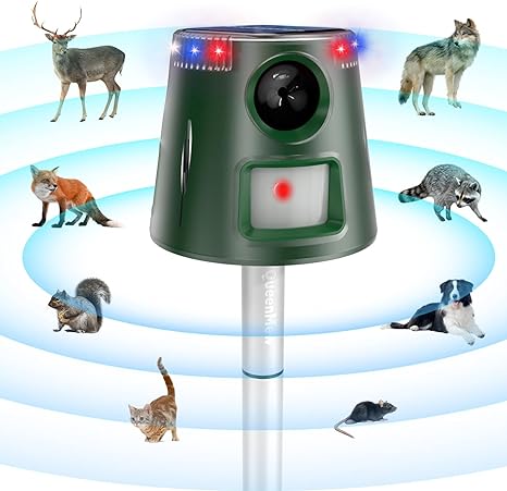 Ultrasonic Animal Repellent Solar Powered, Waterproof Outdoor Animal Repeller Deterrent with PIR Motion Sensor & Flashing Light, Outdoor Repellent Device for Rat, Squirrel, Deer, Bird for Farm Yard