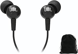 JBL Earbuds C100SI in-Ear Headphones Wired with Mic, Includes Carrying Pouch (Black), C100SI-Pouch