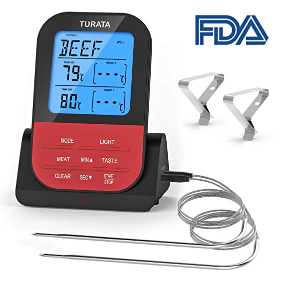 Food Thermometers, TURATA Meat Thermometer with Water-Proof Dual Probe Kitchen Thermometers for BBQ Wireless Cooking Thermometer (Black)