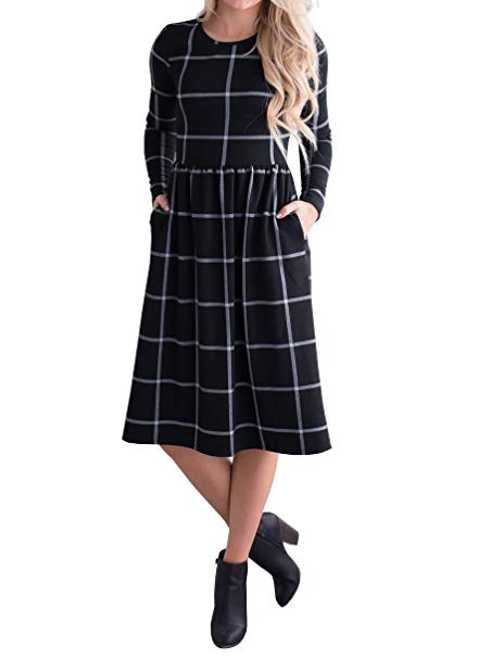 Ivay Women's Casual Grid Long Sleeve Empire Waist Tunic Dresses with Pockets