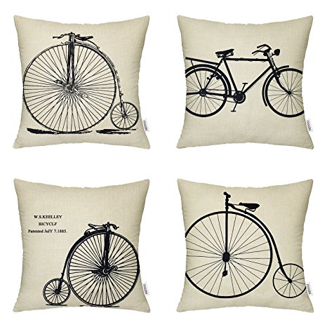 4 Packs Hippih Cotton Linen Sofa Home Decor Design Throw Pillow Case Cushion Covers 18 X 18 Inch ,4 x Bike