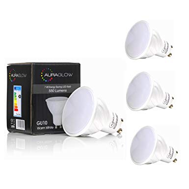 AURAGLOW Super Bright 7w LED GU10 Light Bulb, Warm White, 70w EQV - 550lm - 3000k - RETROFIT (4 Pack)