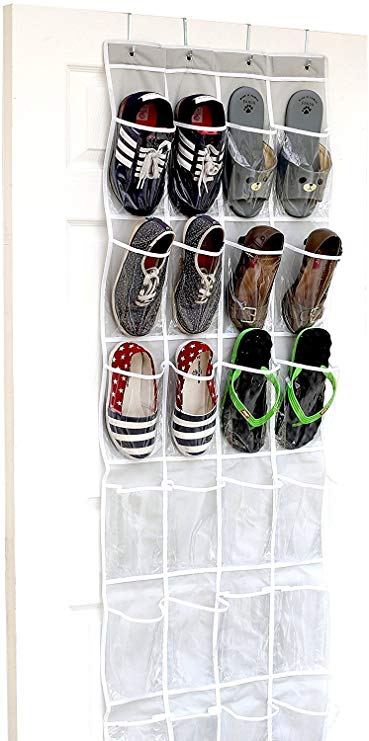 24 Pockets - SimpleHouseware Crystal Clear Over The Door Hanging Shoe Organizer, Grey (162.6 cm H x 48.3 cm W)