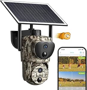 4G LTE Cellular Trail Cameras, Dual Lens Security Camera Built-in SIM Card, 2K 360°View Live Video Game Camera, No-Glow IR Night Vision, Motion Activated, Solar Powered, Remote Phone Access