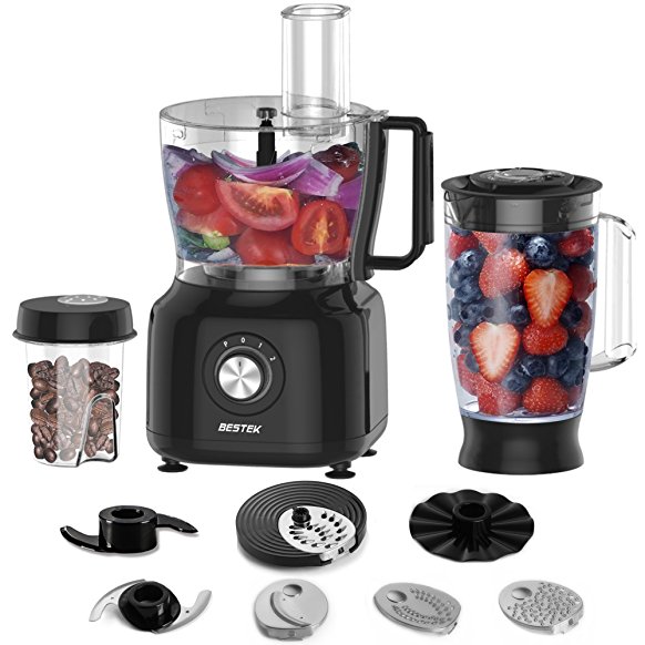 Food Processor with Blender, BESTEK 800W Chopper, Juicer, Multi Mixer with Dough Blade, 2.4L Mixing Bowl & 1.5L Blender & 0.45L Grinder Jar & 9 Attachments