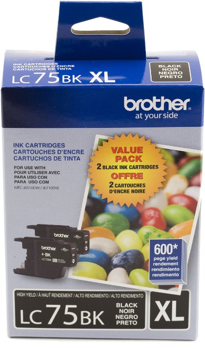 Brother Printer LC752PKS 2 Pack of LC-75BK Cartridges Ink - Retail Packaging