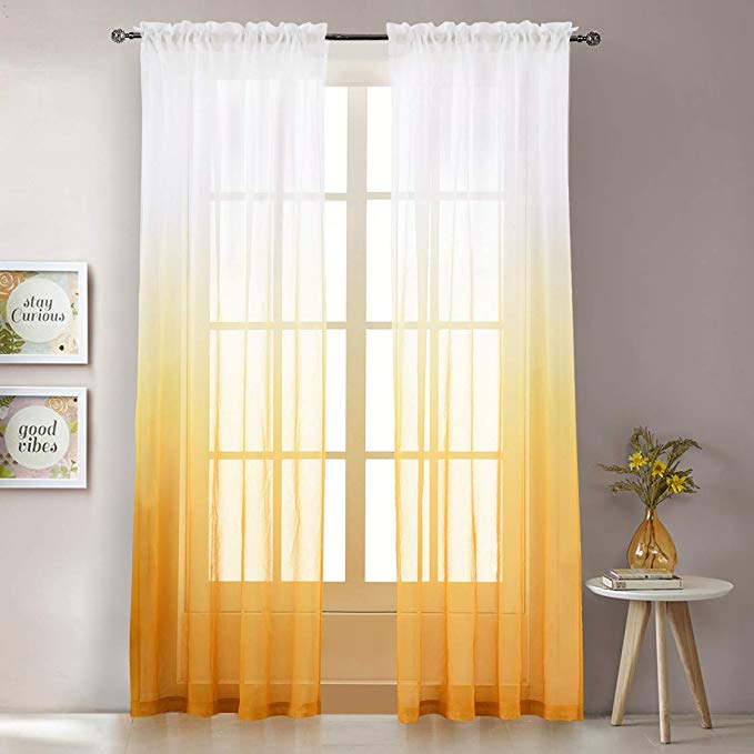 Amber Yellow Gradient Ombre Sheer Curtains 84 Inch Long for Living Room, Rod Pocket Voile Bedroom Curtain Bedding Drapes,2 Panels 84" W x 84" L, Window Treatment Draperies