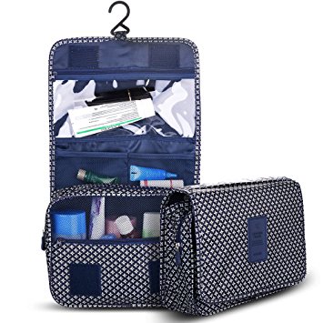 Foldable Travel Toiletry Bag with Hanging Hook, Packing Organizer for Women Cosmetic & Men Shaving Kit, Multifunction Waterproof Makeup Pouch w/ Velcro for Travel Accessories, Storage Wash Bag- Navy