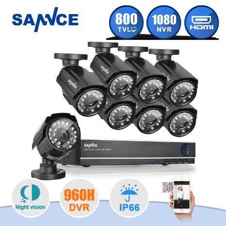 Sannce 8CH Full 960H CCTV Security DVR System with 8x 800TVL High Resolution Surveillance Cameras (HDMI Output,QR Code Scan to Remote View, NO HDD)