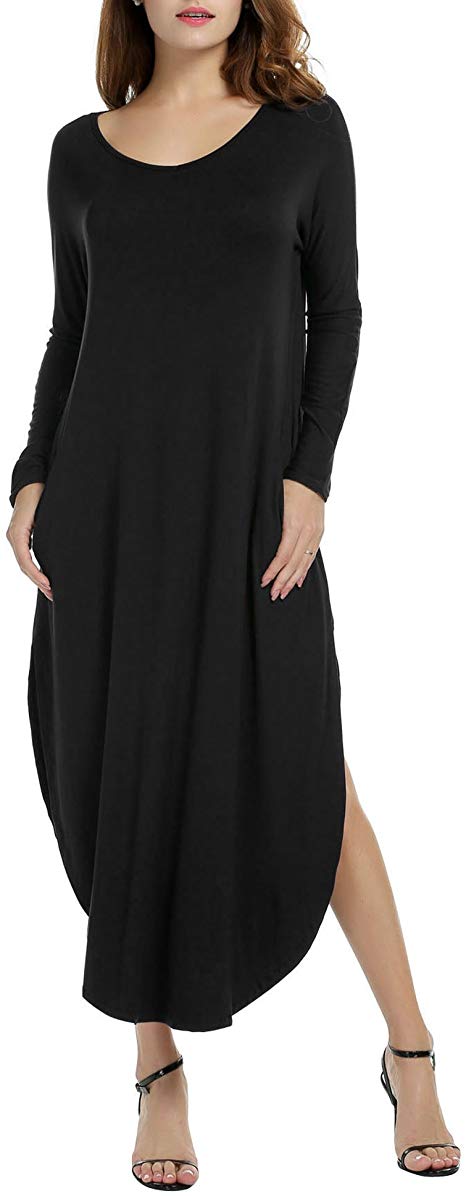 ACEVOG Women's Solid Long Sleeve Pocket Loose Casual Maxi Dress Plus