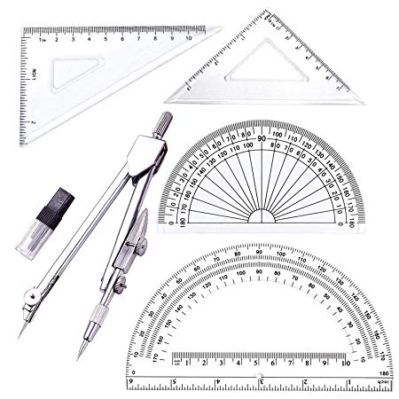 Student Drawing Compass Math Geometry Tools (5 pcs-Compass-Silver)